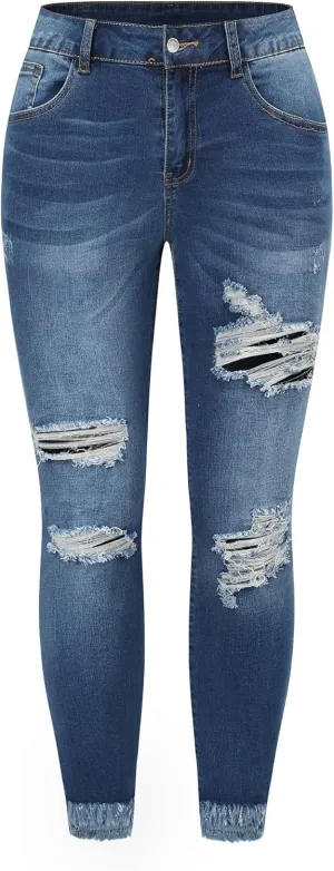 THUNDER STAR Womens Stretch Ripped Cropped Jeans Mid Rise Distressed Casual Denim Pants