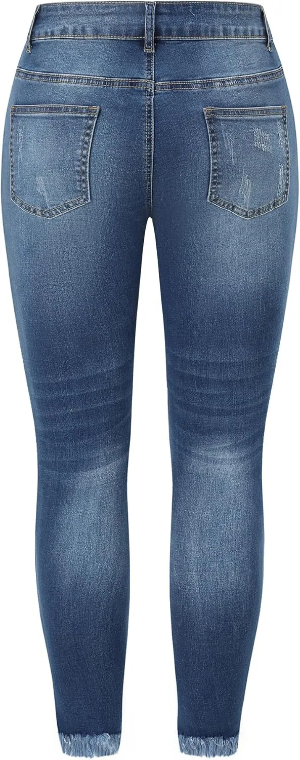THUNDER STAR Womens Stretch Ripped Cropped Jeans Mid Rise Distressed Casual Denim Pants