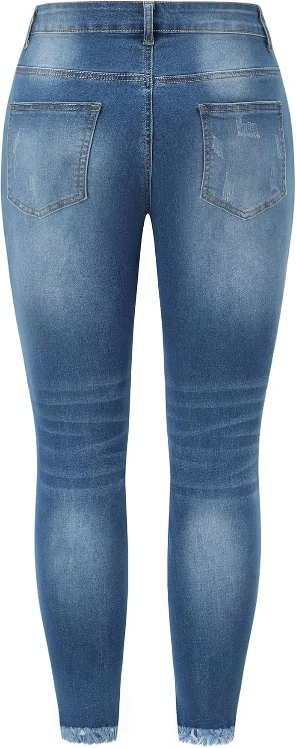 THUNDER STAR Womens Stretch Ripped Cropped Jeans Mid Rise Distressed Casual Denim Pants