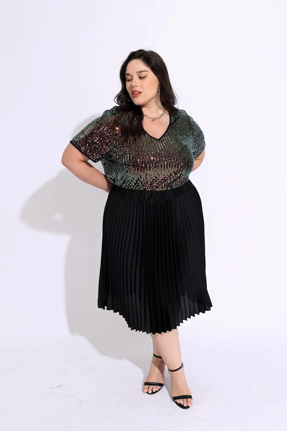 TIYOMI Plus Size Sequin Tops Short Sleeve Shirts for Women V-Neck Party Sparkly Tunics XL-5XL