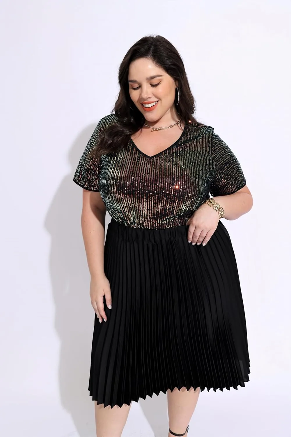 TIYOMI Plus Size Sequin Tops Short Sleeve Shirts for Women V-Neck Party Sparkly Tunics XL-5XL