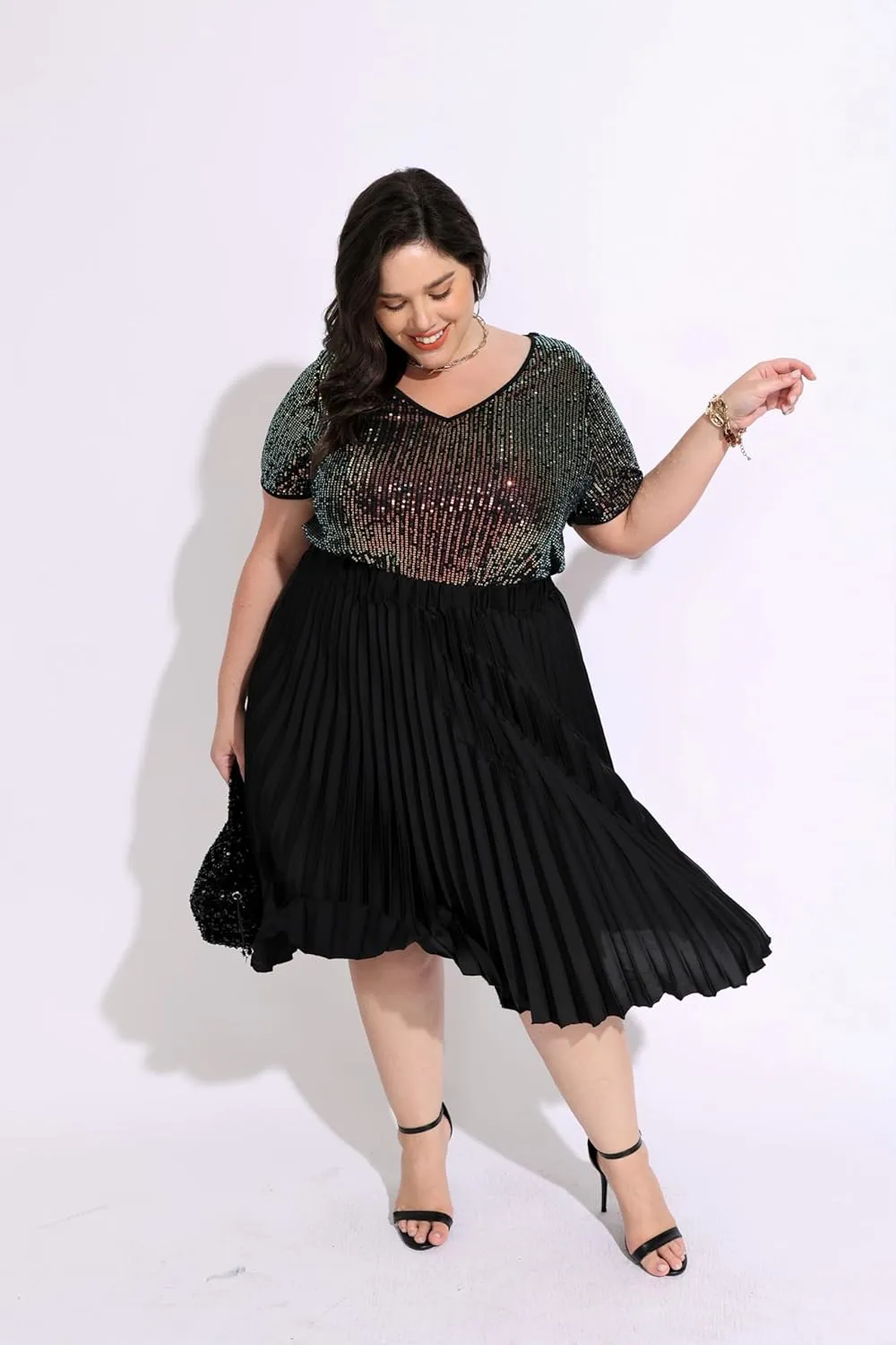 TIYOMI Plus Size Sequin Tops Short Sleeve Shirts for Women V-Neck Party Sparkly Tunics XL-5XL
