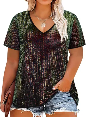 TIYOMI Plus Size Sequin Tops Short Sleeve Shirts for Women V-Neck Party Sparkly Tunics XL-5XL