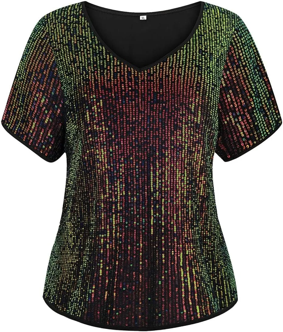 TIYOMI Plus Size Sequin Tops Short Sleeve Shirts for Women V-Neck Party Sparkly Tunics XL-5XL