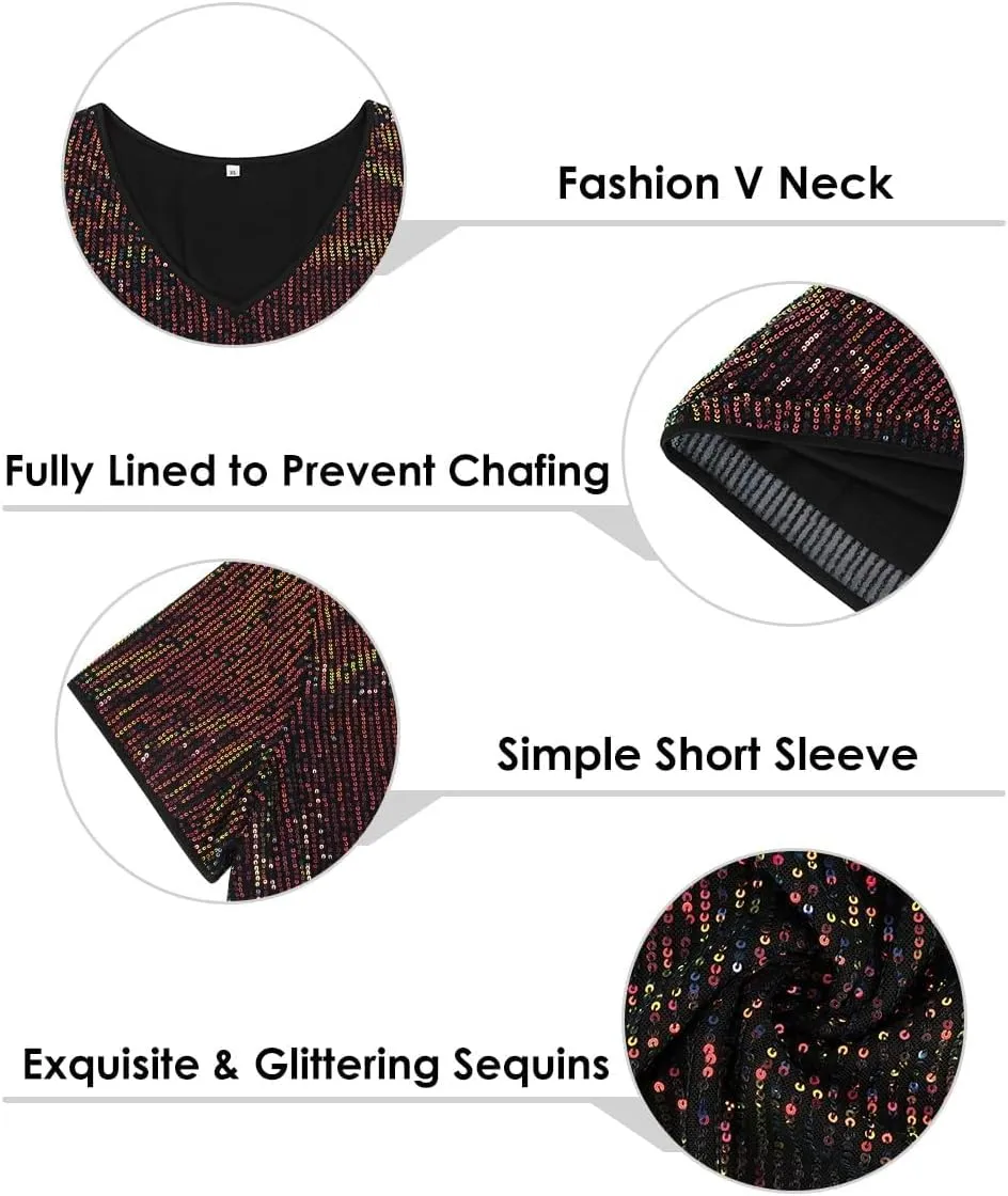 TIYOMI Plus Size Sequin Tops Short Sleeve Shirts for Women V-Neck Party Sparkly Tunics XL-5XL