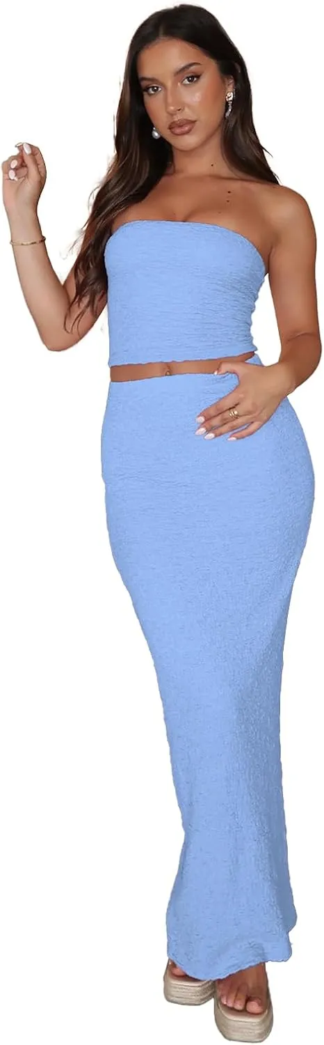 Two Piece Skirt Outfits for Women Sleeveless Tube Tops Bodycon Sexy Maxi Dress 2 Piece Summer Y2K Vacation Set