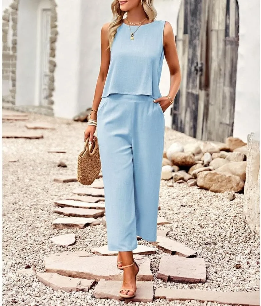 Two Piece Summer Outfits for Women Linen Pants Suits Casual Sleeveless Crop Top and Wide Leg Pants Sets S-XL