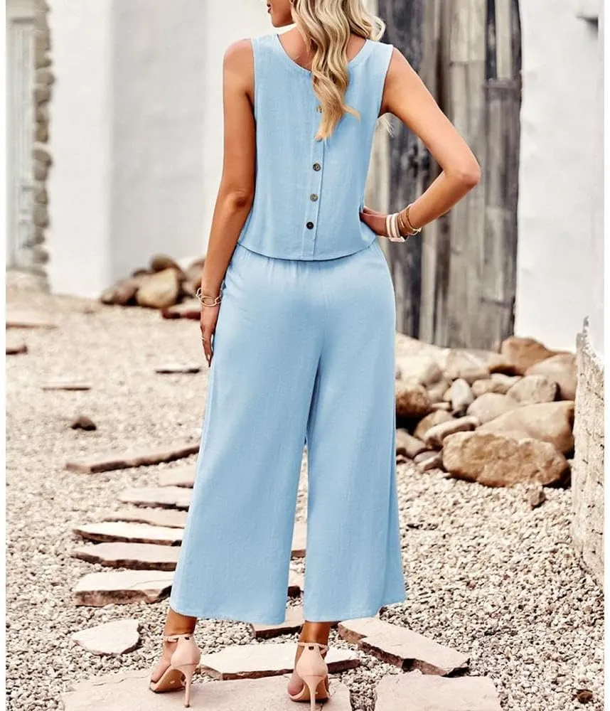 Two Piece Summer Outfits for Women Linen Pants Suits Casual Sleeveless Crop Top and Wide Leg Pants Sets S-XL