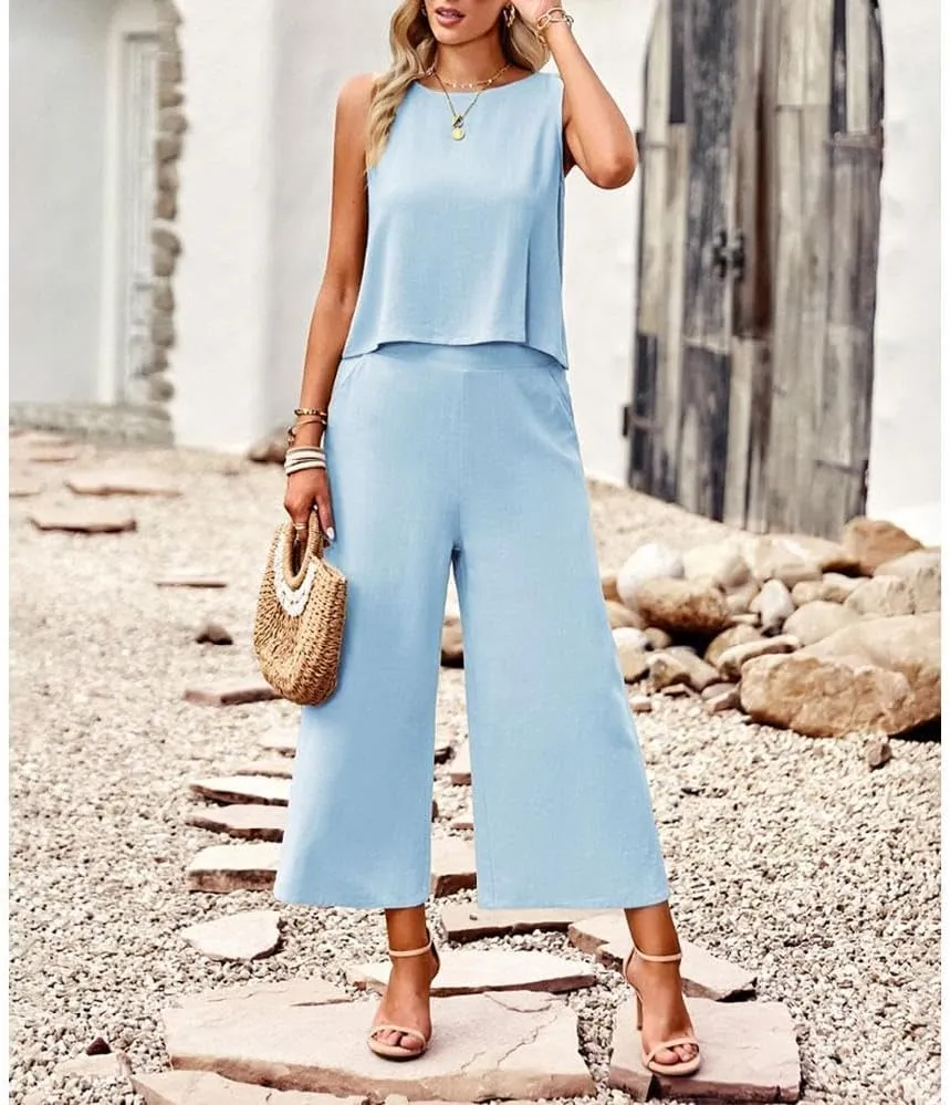 Two Piece Summer Outfits for Women Linen Pants Suits Casual Sleeveless Crop Top and Wide Leg Pants Sets S-XL