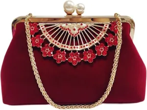 Velvet Evening Bags for Women with Rhinestone Flower Decor, Crystal Clutch Purse Handbag for Party Wedding (Color : Red)