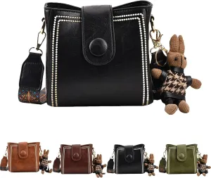 Vintage Fashion Bag With Adjustable Wider Shoulder Strap, Vintage Retro Small Water Bucket Bag, with Cute Doll Pendants