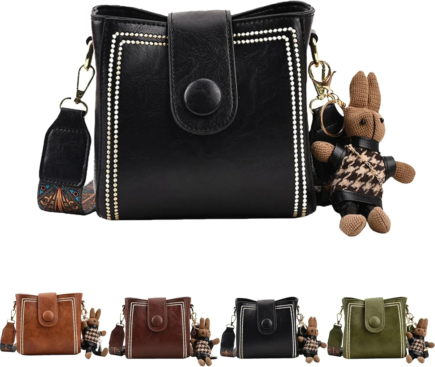 Vintage Fashion Bag With Adjustable Wider Shoulder Strap, Vintage Retro Small Water Bucket Bag, with Cute Doll Pendants