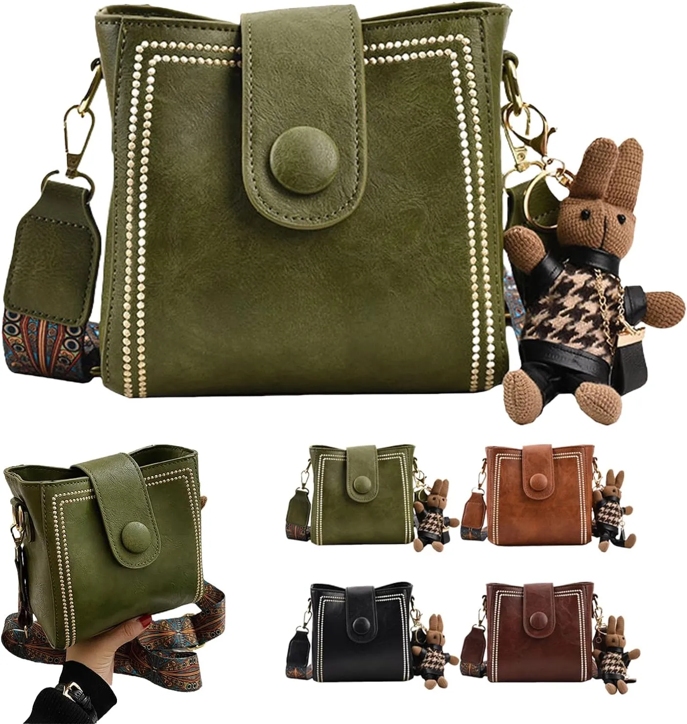 Vintage Fashion Bag With Adjustable Wider Shoulder Strap, Vintage Retro Small Water Bucket Bag, with Cute Doll Pendants