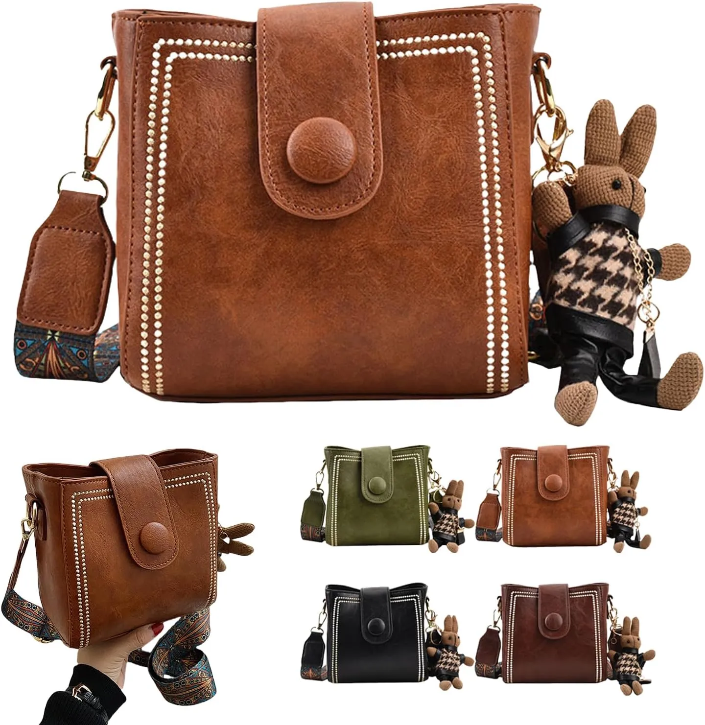 Vintage Fashion Bag With Adjustable Wider Shoulder Strap, Vintage Retro Small Water Bucket Bag, with Cute Doll Pendants