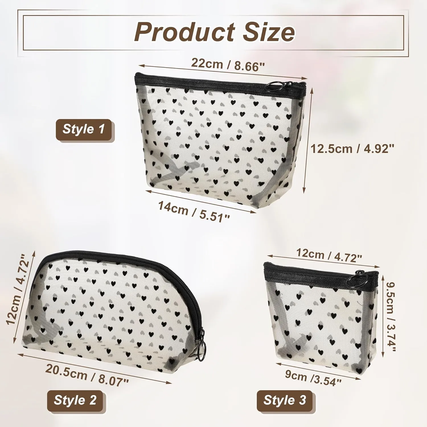 VOCOSTE 4pcs Heart Shape Print Mesh Makeup Bag, Makeup Bag Clear, Mesh Bags with Zipper, Clear Makeup Pouch Mesh Bags, Make Up Bags for Women, Beige