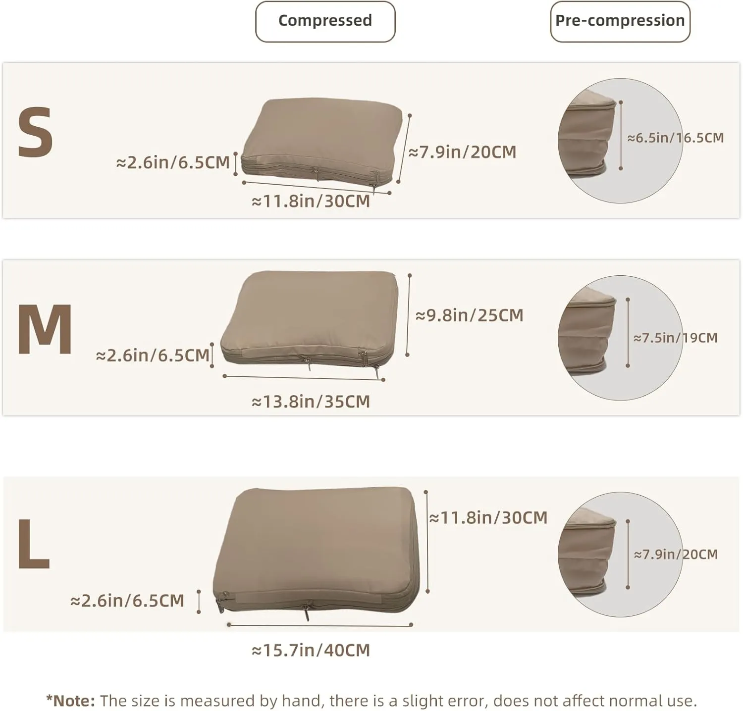 Waterproof Compression Packing Cubes 2/3/4 sets, Large Travel Packing organizers for Carry on Luggage, 2 Sides Expandable Storage Bags for Backpacking, Suitcases (Brownish, Pack 3(L M S))