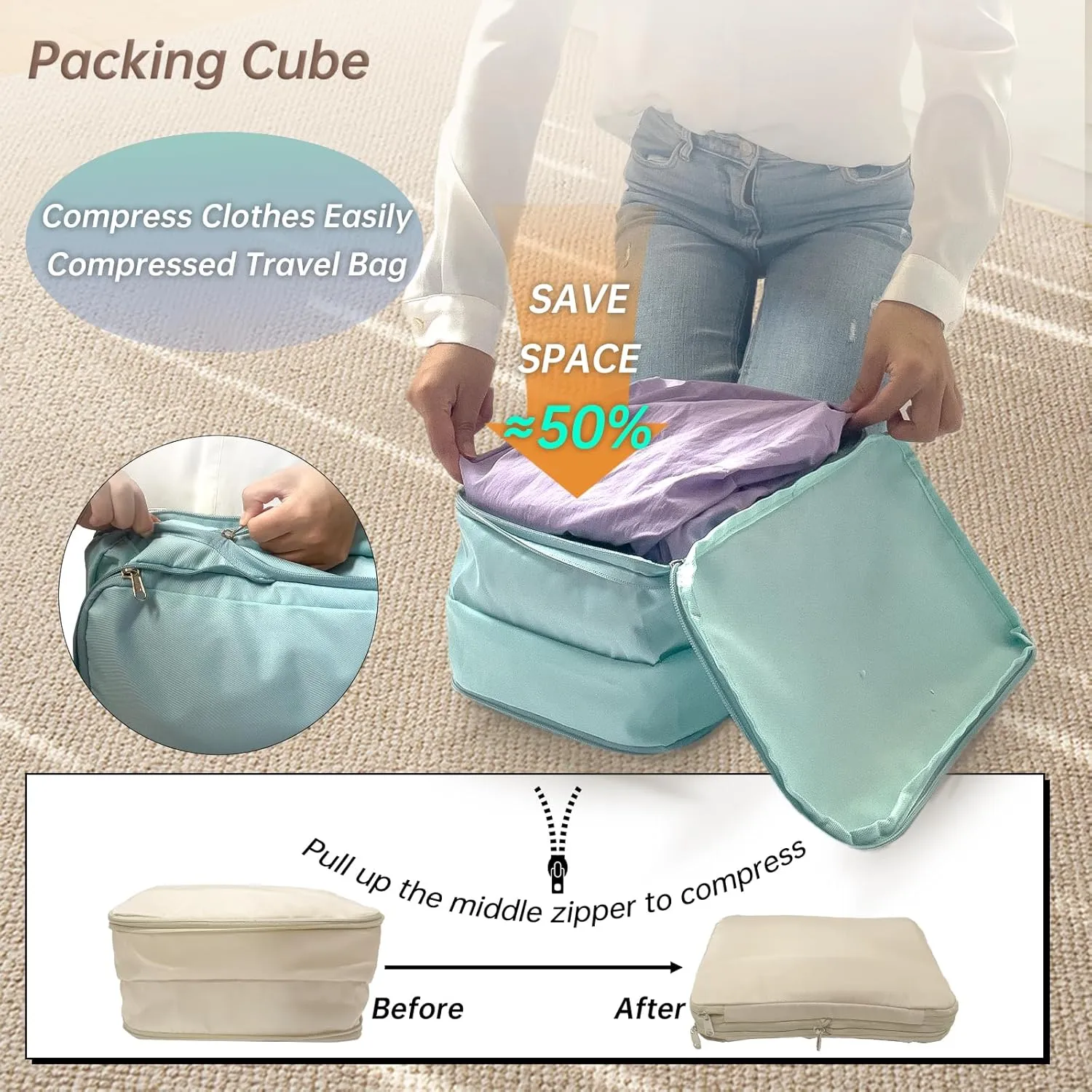 Waterproof Compression Packing Cubes 2/3/4 sets, Large Travel Packing organizers for Carry on Luggage, 2 Sides Expandable Storage Bags for Backpacking, Suitcases