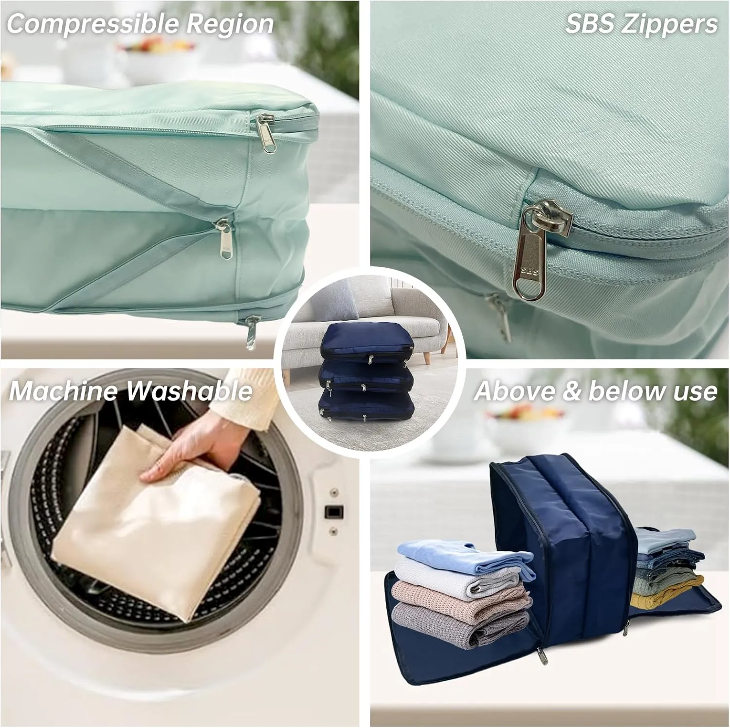 Waterproof Compression Packing Cubes 2/3/4 sets, Large Travel Packing organizers for Carry on Luggage, 2 Sides Expandable Storage Bags for Backpacking, Suitcases