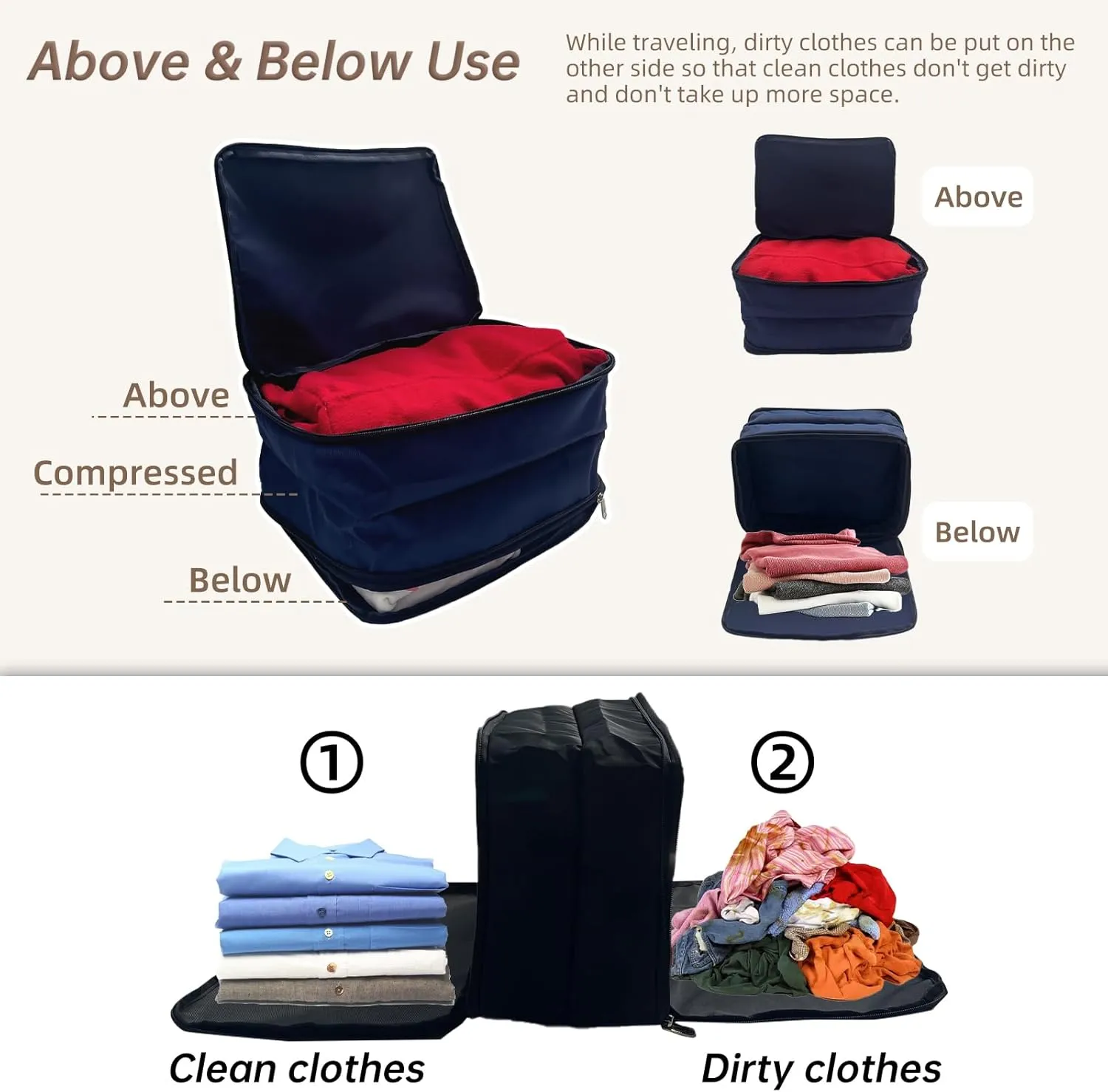 Waterproof Compression Packing Cubes 2/3/4 sets, Large Travel Packing organizers for Carry on Luggage, 2 Sides Expandable Storage Bags for Backpacking, Suitcases