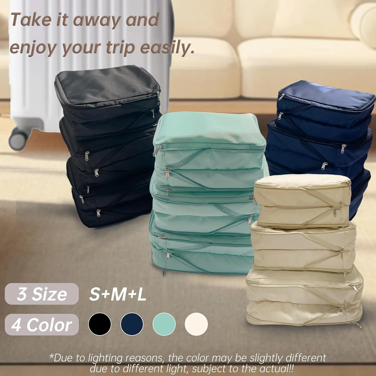Waterproof Compression Packing Cubes 2/3/4 sets, Large Travel Packing organizers for Carry on Luggage, 2 Sides Expandable Storage Bags for Backpacking, Suitcases