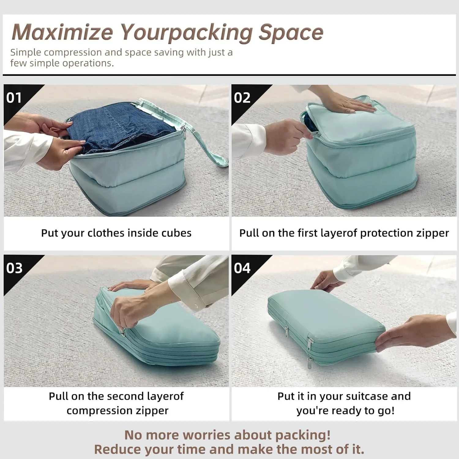 Waterproof Compression Packing Cubes 2/3/4 sets, Large Travel Packing organizers for Carry on Luggage, 2 Sides Expandable Storage Bags for Backpacking, Suitcases