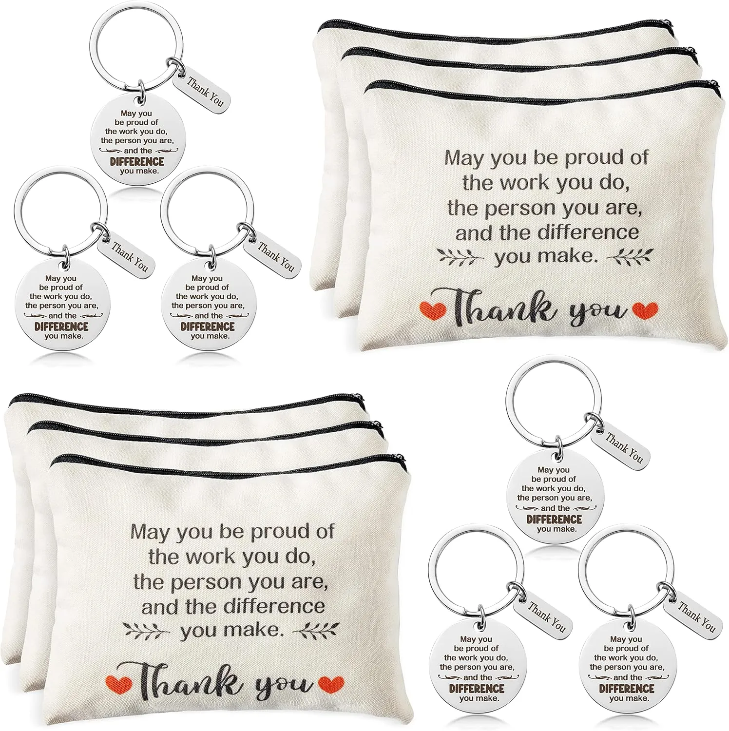 WATINC Appreciation Keychain Thank You Gifts Set - 6Pcs Thank You Key Chains & 6Pcs Proud of You Make a Difference Makeup Cosmetic Bags Inspirational Presents Bulk for Teacher Man Wowen