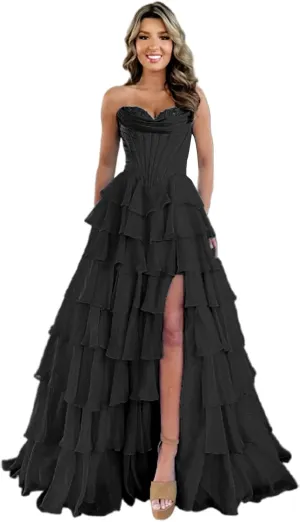 WDBFY Strapless Corset Prom Dresses with Slit Long Tiered Chiffon Evening Dress A-Line Ruffle Formal Evening Gowns