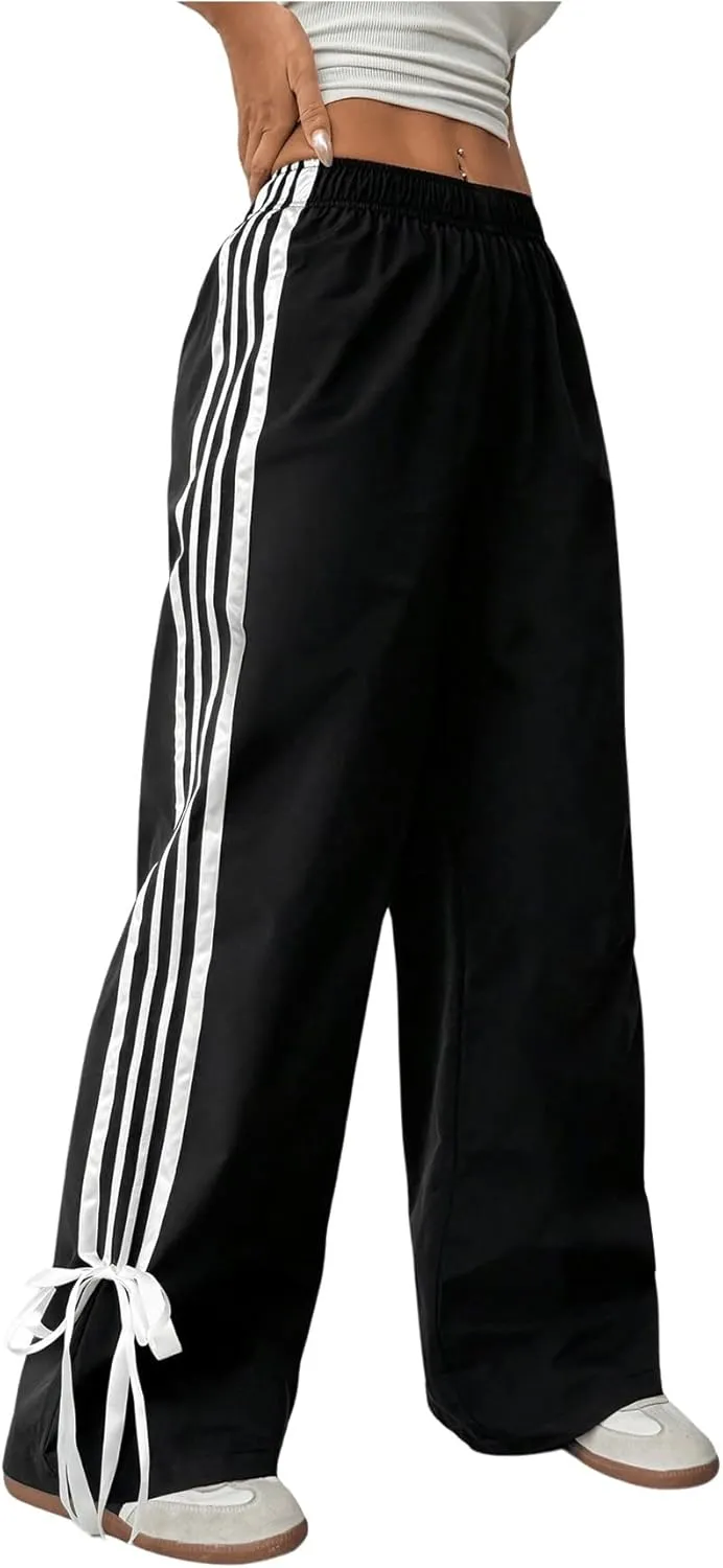 WDIRARA Women's Petite Side Striped Bowknot Track Pants Elastic Waist Wide Leg Baggy Sweatpants Streetwear