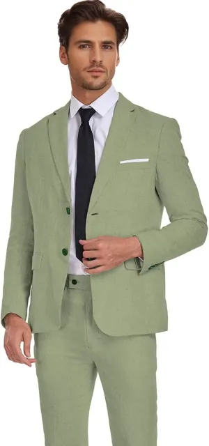 Wehilion Men's 2 Piece Linen Suits Slim Fit Casual Summer Beach Wedding Dress Tux Prom Lightweight Blazer Jacket and Pants