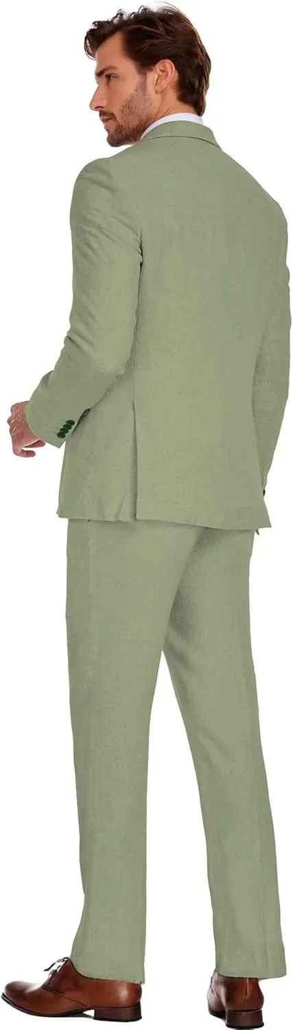 Wehilion Men's 2 Piece Linen Suits Slim Fit Casual Summer Beach Wedding Dress Tux Prom Lightweight Blazer Jacket and Pants