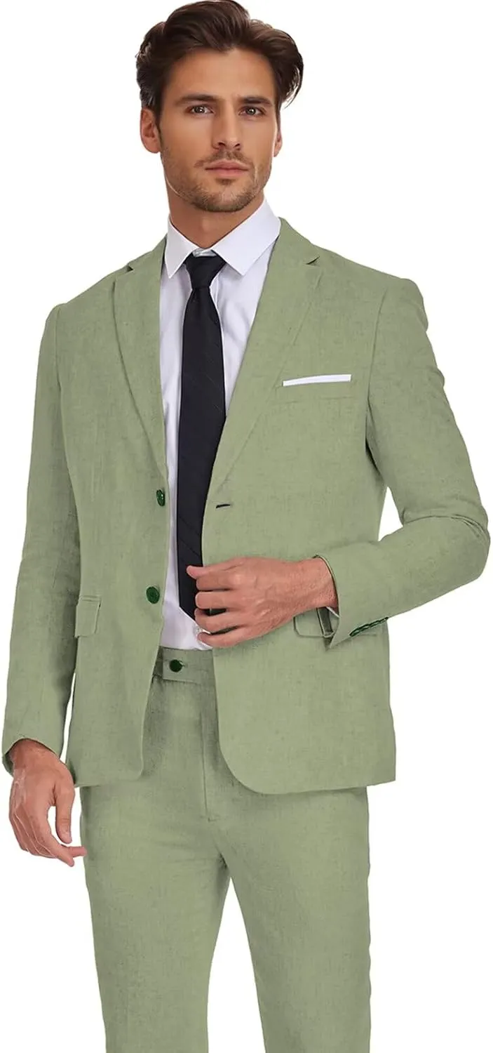 Wehilion Men's 2 Piece Linen Suits Slim Fit Casual Summer Beach Wedding Dress Tux Prom Lightweight Blazer Jacket and Pants