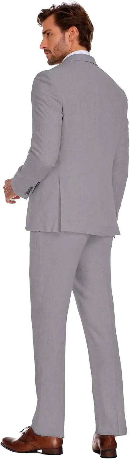 Wehilion Men's 2 Piece Linen Suits Slim Fit Casual Summer Beach Wedding Dress Tux Prom Lightweight Blazer Jacket and Pants