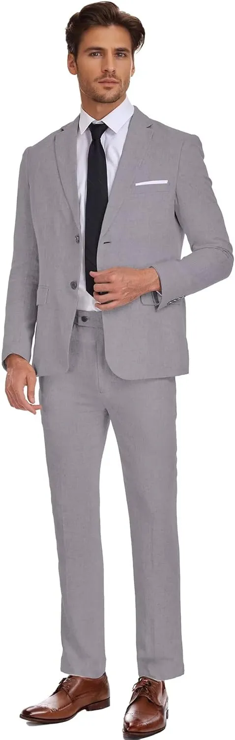 Wehilion Men's 2 Piece Linen Suits Slim Fit Casual Summer Beach Wedding Dress Tux Prom Lightweight Blazer Jacket and Pants