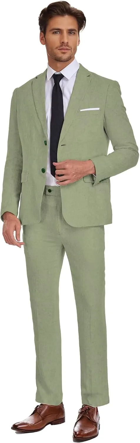 Wehilion Men's 2 Piece Linen Suits Slim Fit Casual Summer Beach Wedding Dress Tux Prom Lightweight Blazer Jacket and Pants