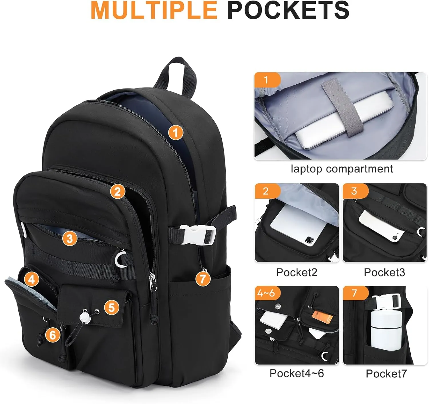 weradar Black School Backpack For Women Men,Aesthetic College Backpack With Lots of Pockets,Lightweight High School Bag For Teens Girls Boys,Cute Bookbag