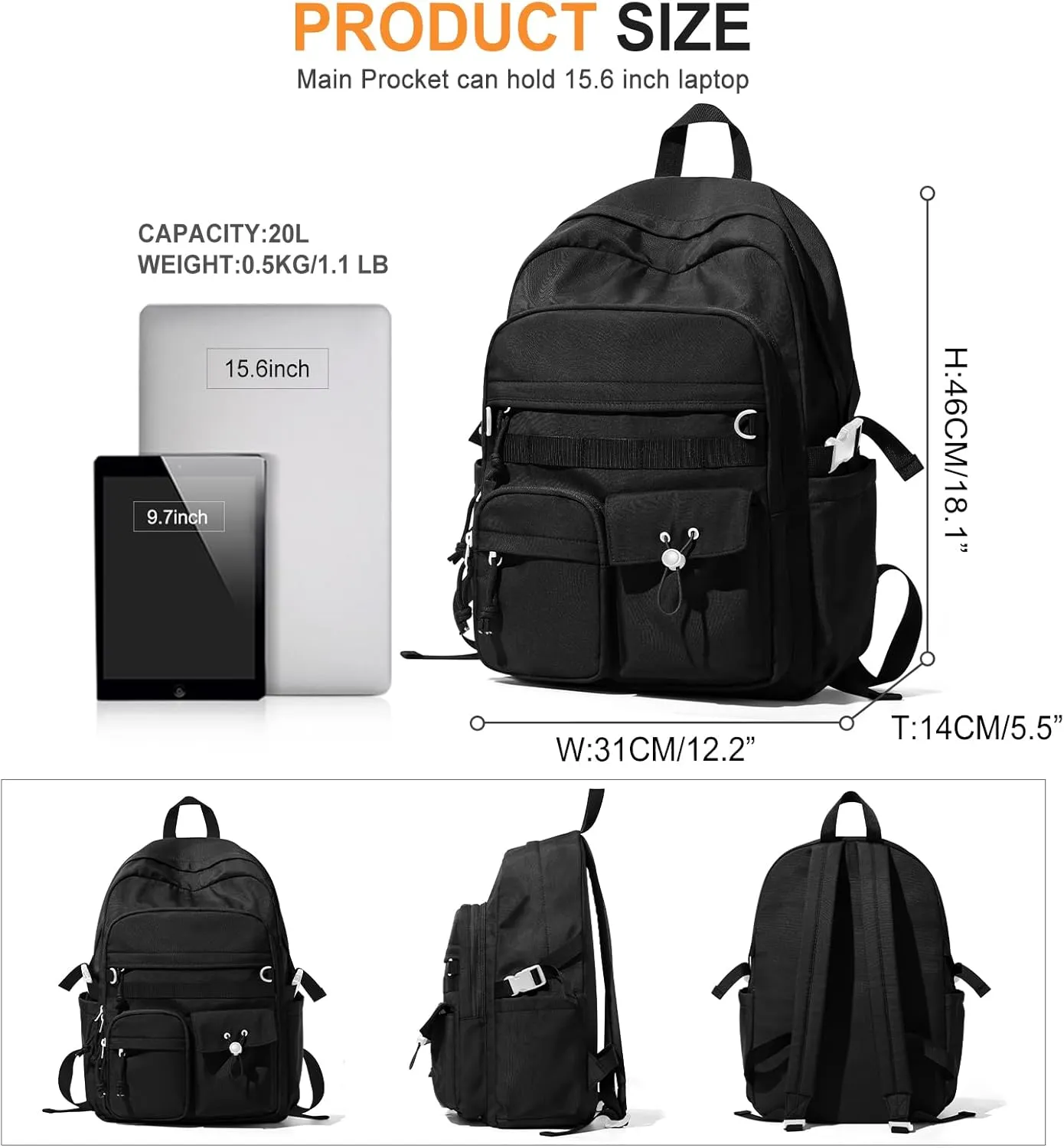 weradar Black School Backpack For Women Men,Aesthetic College Backpack With Lots of Pockets,Lightweight High School Bag For Teens Girls Boys,Cute Bookbag