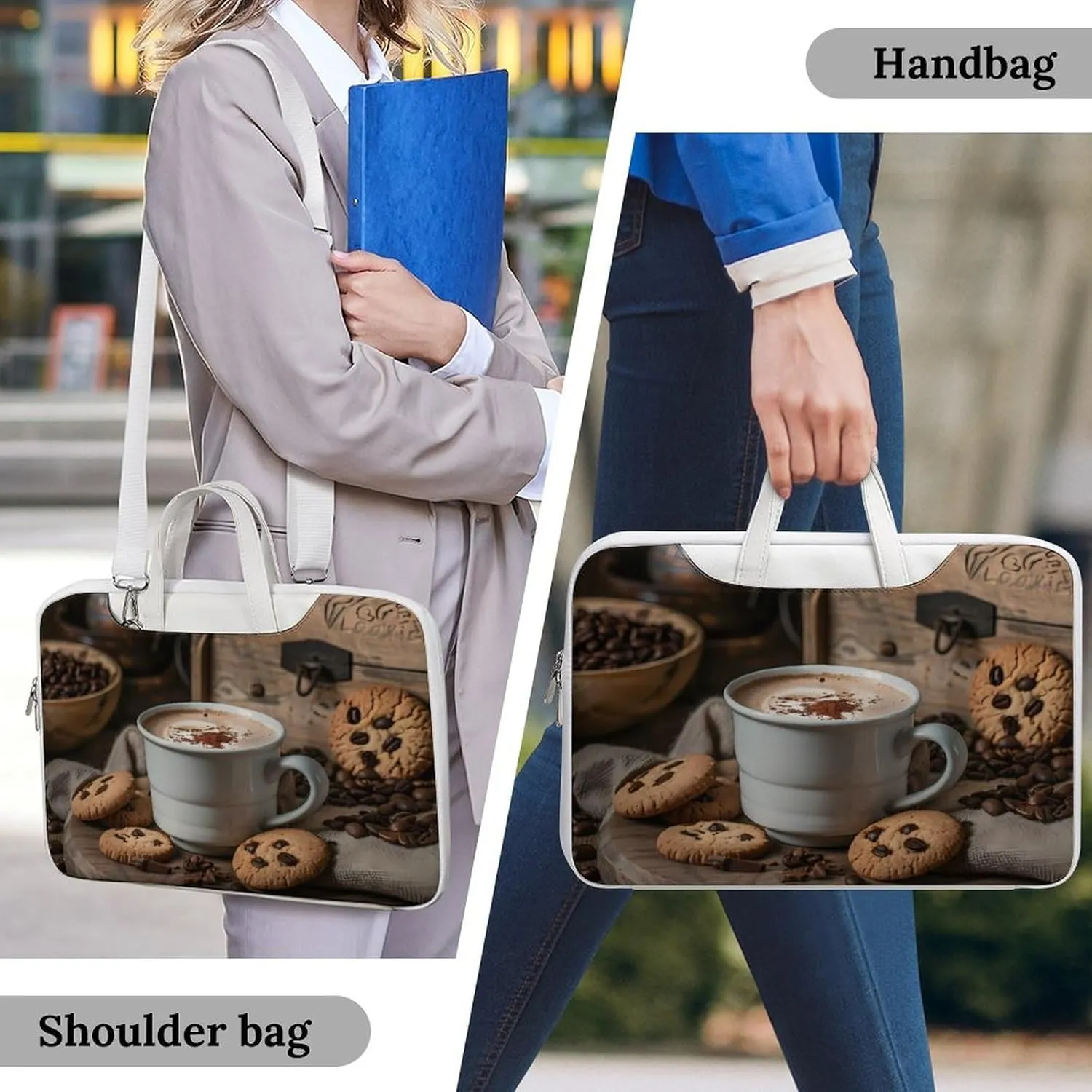 White Coffee Cup with Foam And Biscuits Laptop Tote Bag Waterproof Computer Carrying Case Business Office Briefcase