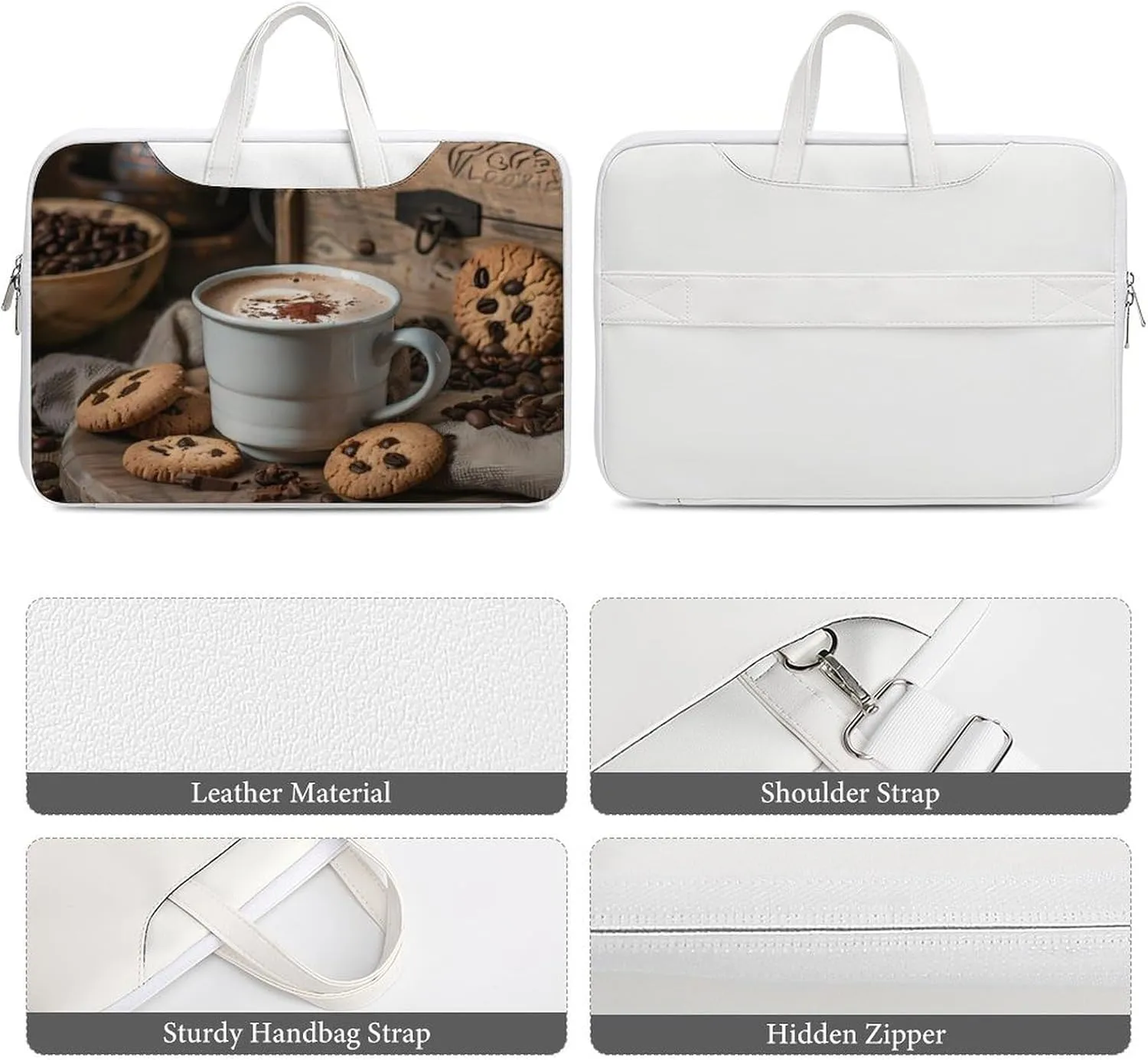 White Coffee Cup with Foam And Biscuits Laptop Tote Bag Waterproof Computer Carrying Case Business Office Briefcase
