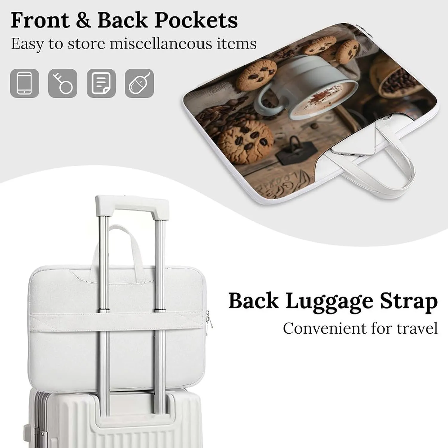 White Coffee Cup with Foam And Biscuits Laptop Tote Bag Waterproof Computer Carrying Case Business Office Briefcase