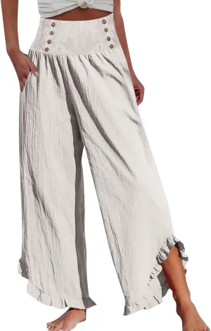 Wide Leg Linen Pants for Women Smocked Waist Straight Leg Ruffle Cuffs Loose Fit Palazzo Pant Casual Boho Beach