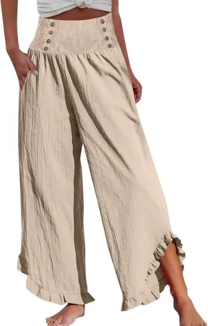 Wide Leg Linen Pants for Women Smocked Waist Straight Leg Ruffle Cuffs Loose Fit Palazzo Pant Casual Boho Beach