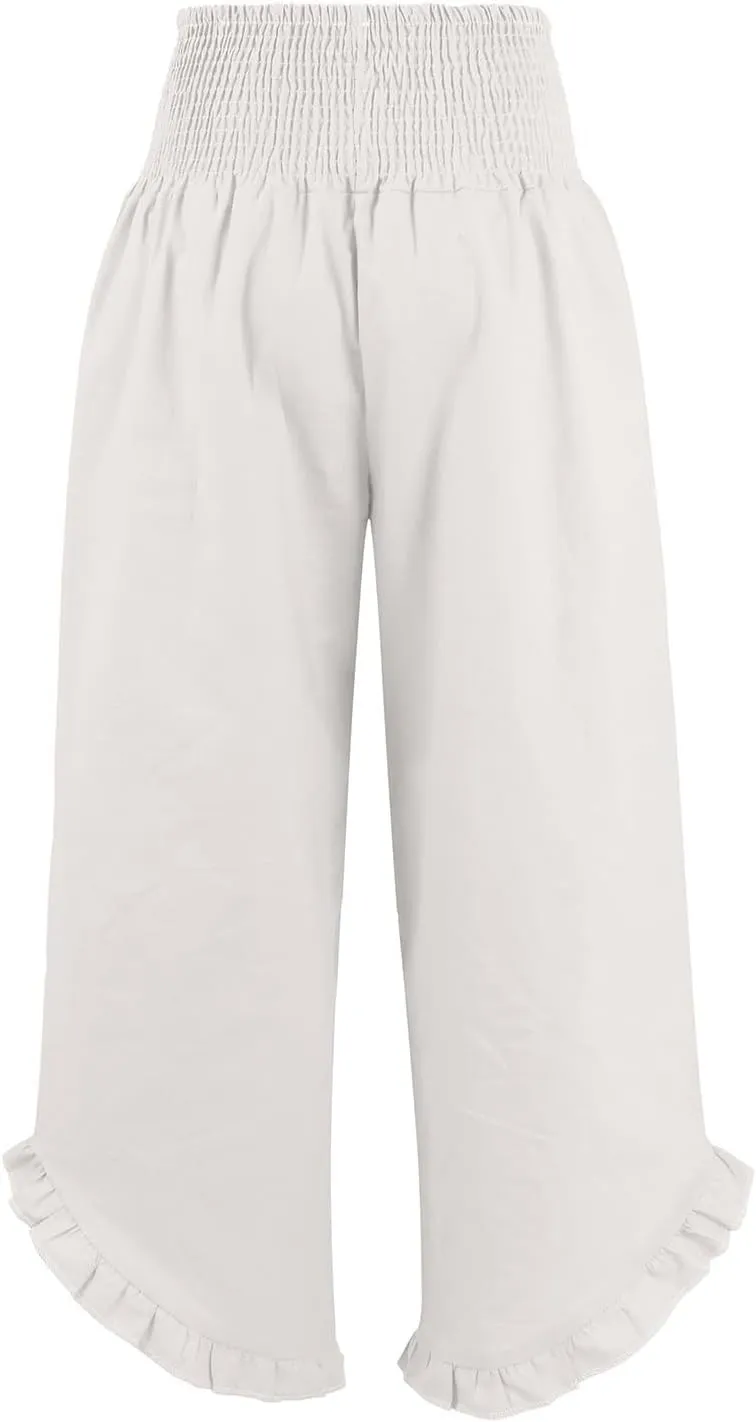 Wide Leg Linen Pants for Women Smocked Waist Straight Leg Ruffle Cuffs Loose Fit Palazzo Pant Casual Boho Beach