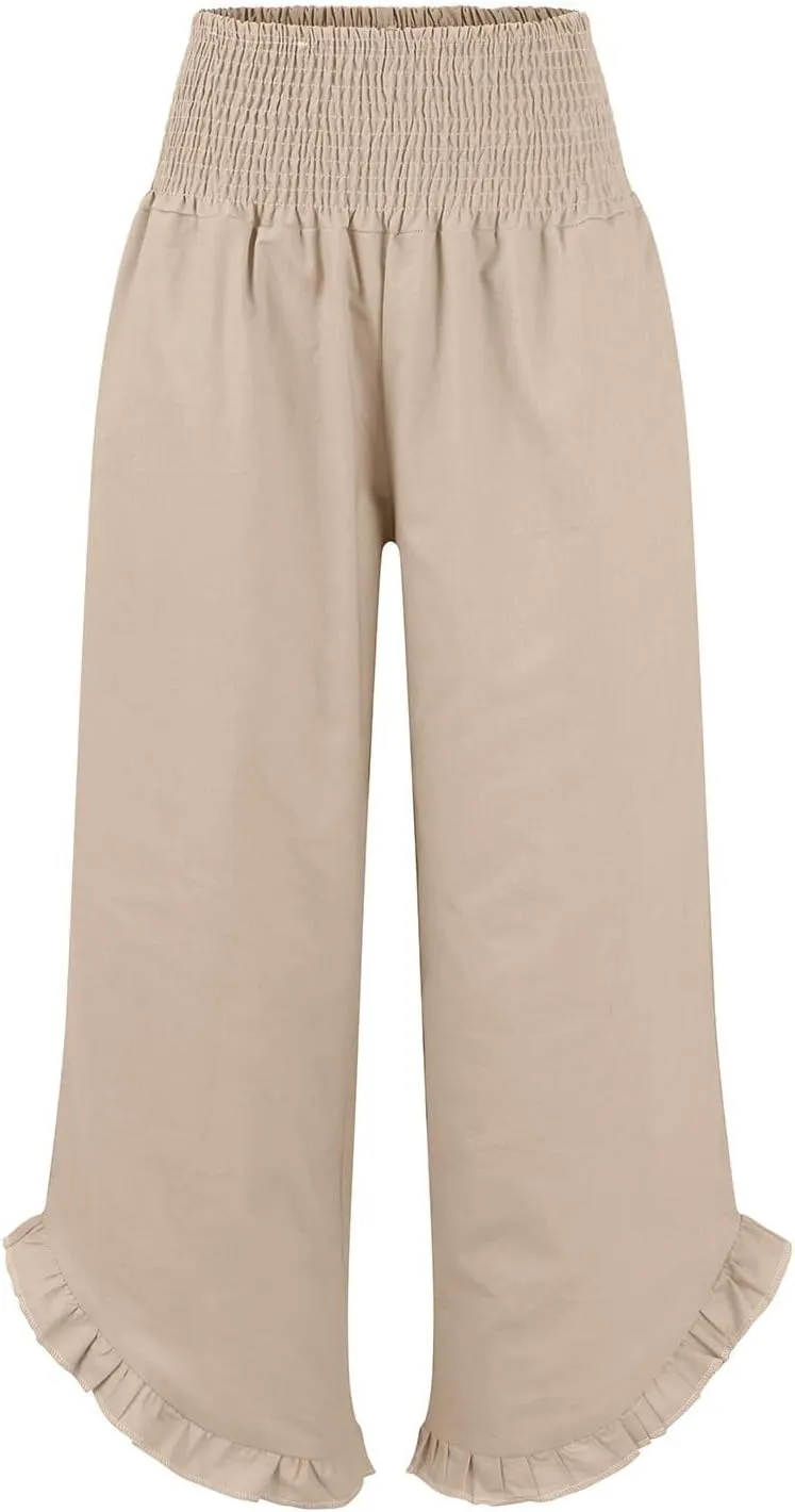 Wide Leg Linen Pants for Women Smocked Waist Straight Leg Ruffle Cuffs Loose Fit Palazzo Pant Casual Boho Beach