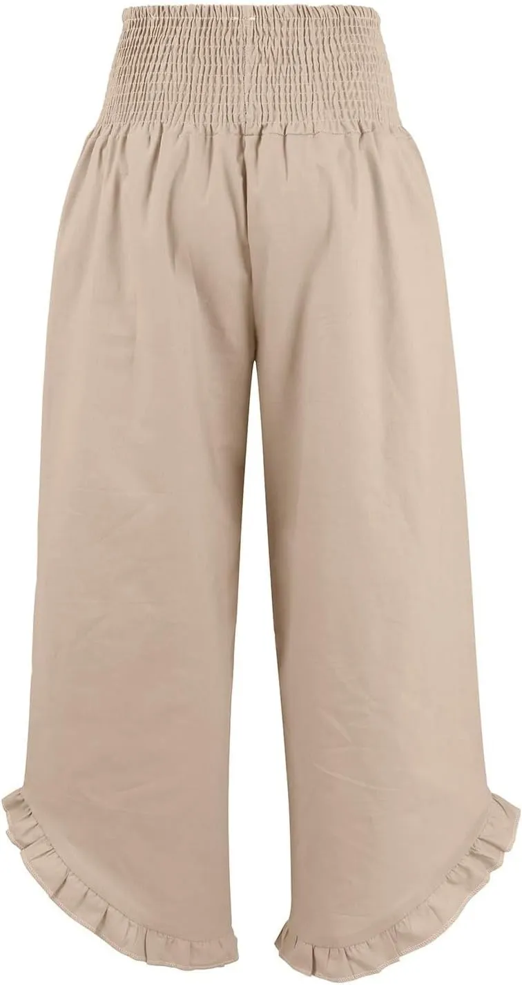 Wide Leg Linen Pants for Women Smocked Waist Straight Leg Ruffle Cuffs Loose Fit Palazzo Pant Casual Boho Beach