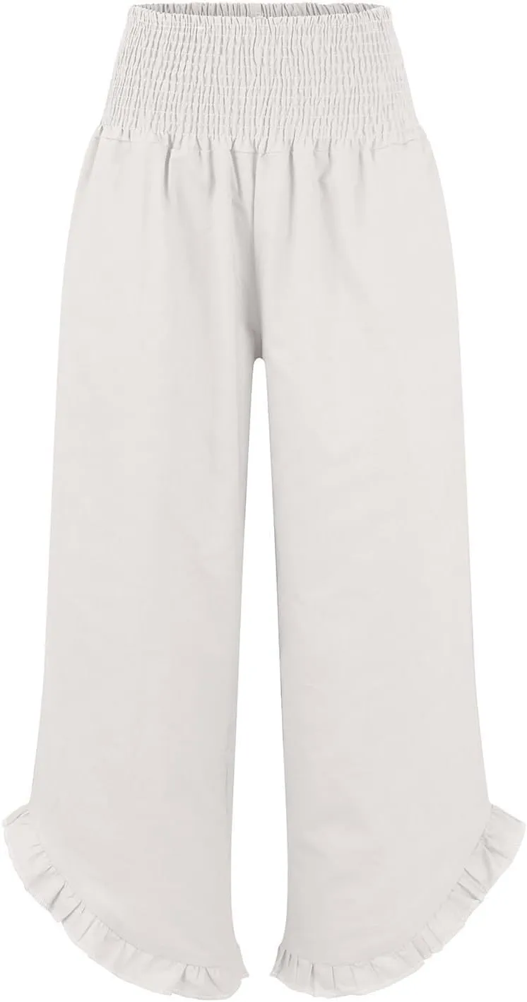 Wide Leg Linen Pants for Women Smocked Waist Straight Leg Ruffle Cuffs Loose Fit Palazzo Pant Casual Boho Beach