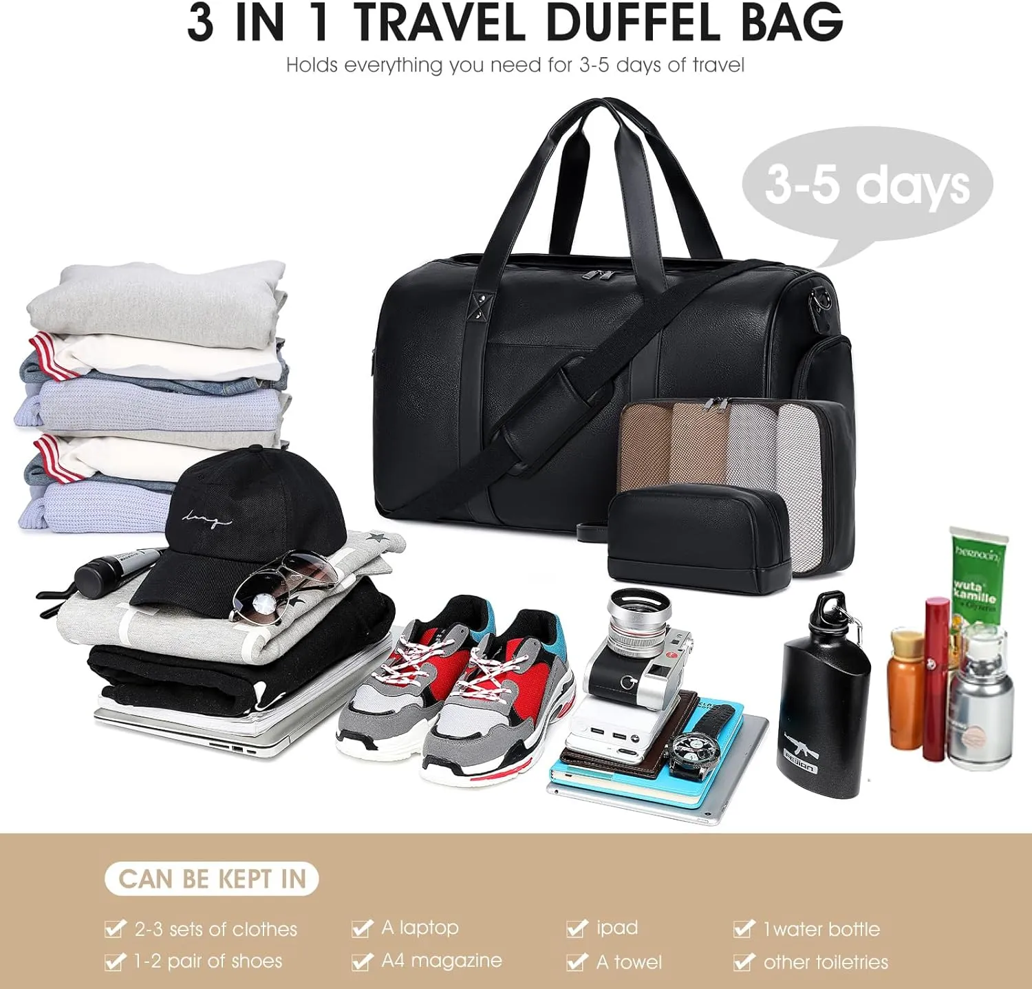 Wogarl 3PCS Faux Leather Weekender Bag for Women Men Large Overnight Bag Travel Duffel Bag with Shoe Compartment Toiletry Packing Cube Carry On Bag Fit 21" Laptop(Black)