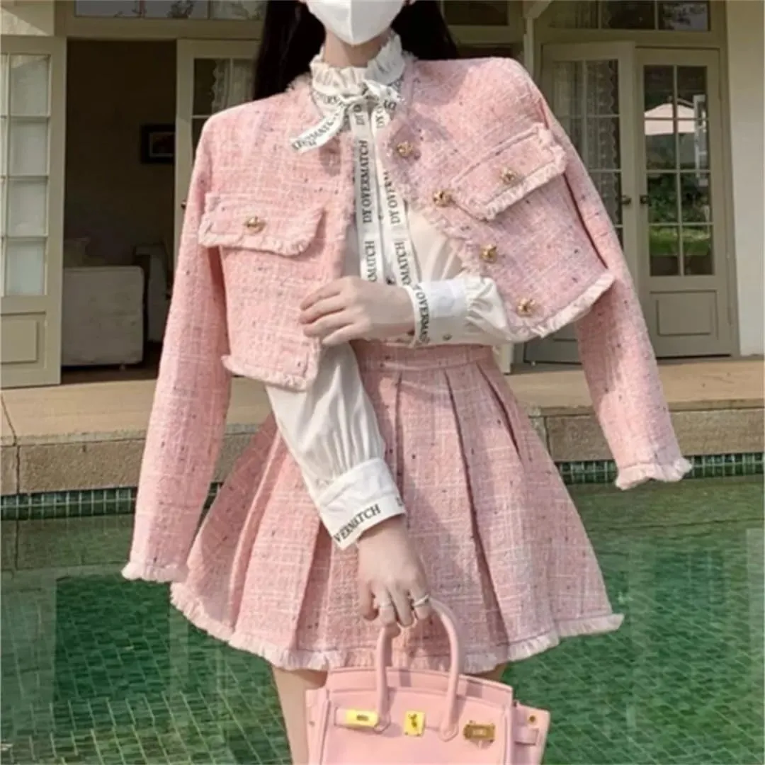 Women 2-Piece Sets Tweed Solid Outfits Long Sleeve Short Jacket Coat   Pleated Skirt Suits