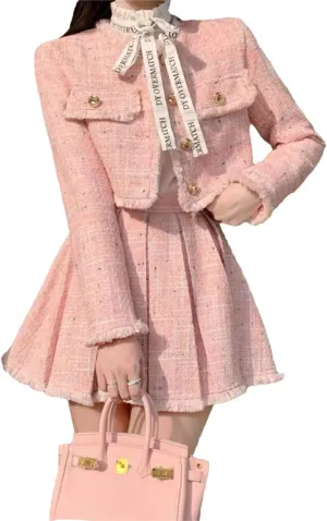 Women 2-Piece Sets Tweed Solid Outfits Long Sleeve Short Jacket Coat   Pleated Skirt Suits