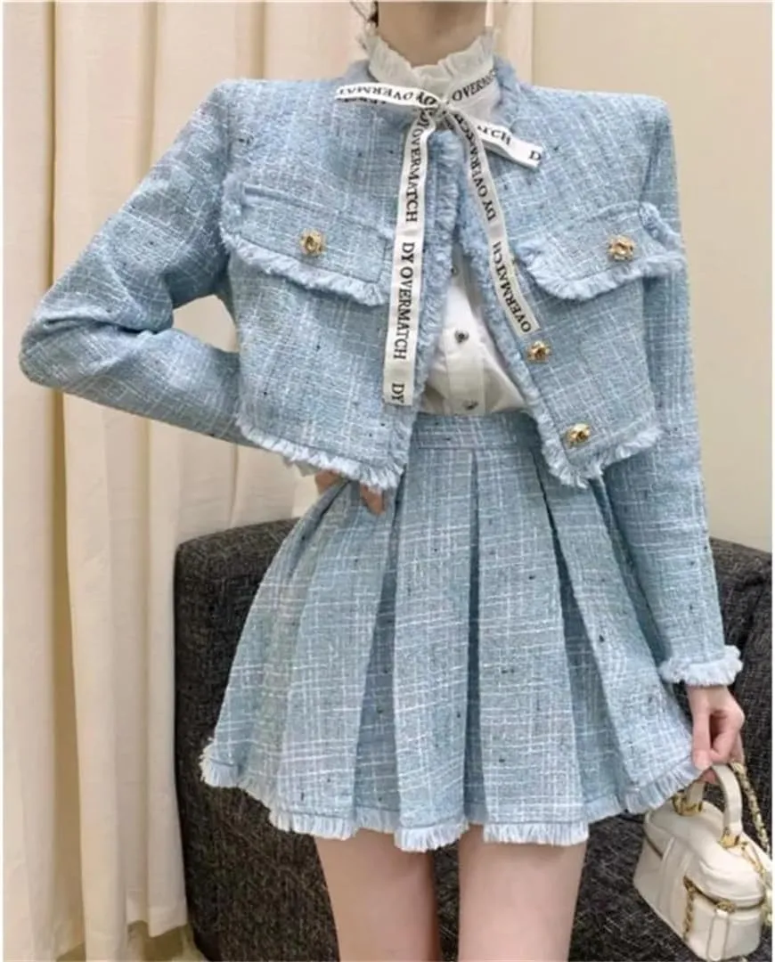 Women 2-Piece Sets Tweed Solid Outfits Long Sleeve Short Jacket Coat   Pleated Skirt Suits