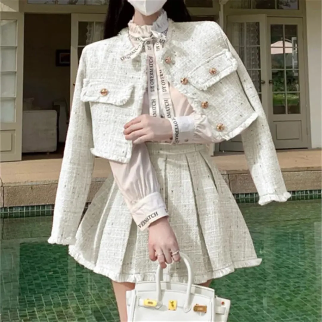 Women 2-Piece Sets Tweed Solid Outfits Long Sleeve Short Jacket Coat   Pleated Skirt Suits